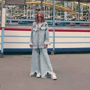 $400 Ksenia Schnaider Street Style Unique Cutout Wide Leg Frayed Jeans NEW